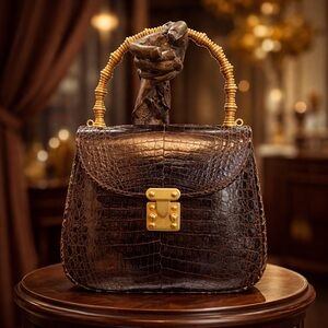 Luxurious Dark Brown Crocodile Satchel with Gold Accents